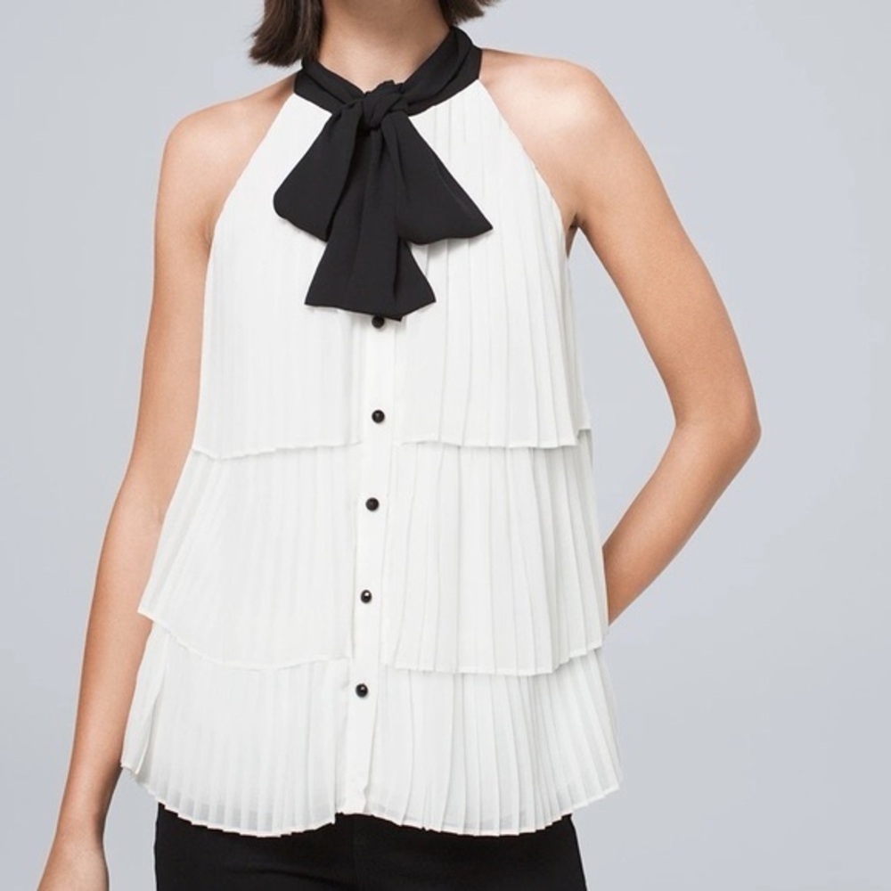 White House Black Market Ecru and Black Pleated Top w/ Bow